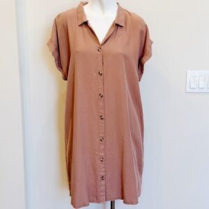 Thread and Supply Short Sleeve Front Button Shirt Dress Dusty Rose Large